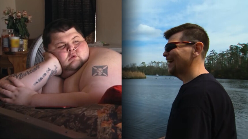Cillas do Quilos Mortais completamente obeso e deitado em uma cama divide tela com um registro dele bem mais magro pescando em um lago com óculos escuro e sorridente