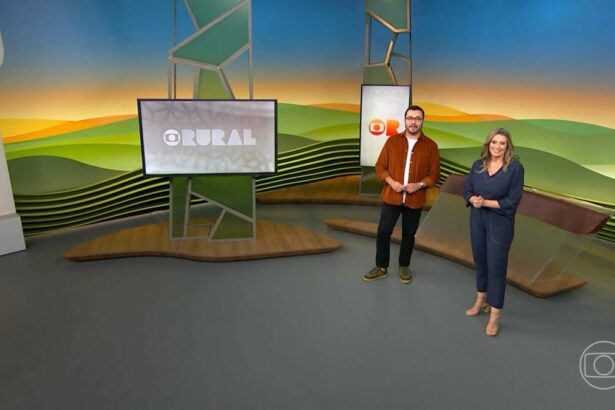 Pedro Málaga e Cristina Vieira em é no canto direito do cenário do Globo Rural