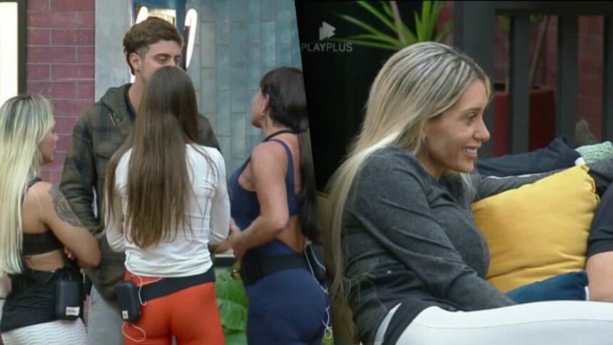 Grupo de Gretchen se reúne após a Prova das Mulheres. Na sala do Power Couple Brasil 7, Talira sorrir