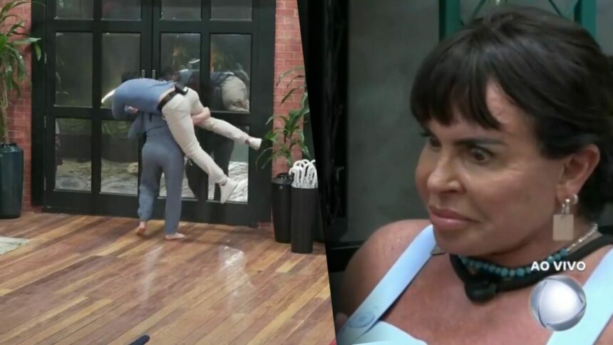 Carol carregando Radamés nas costas e Gretchen com os olhos arregalados no Power Couple Brasil 7