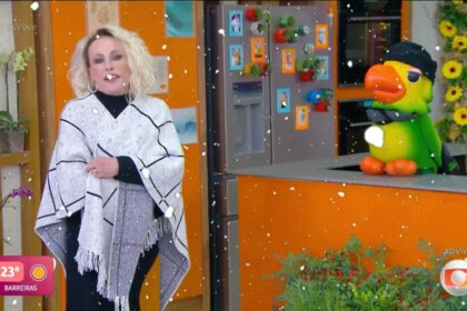 Ana Maria Braga e Louro Mané com roupas de frio e neve na tela do Mais Você