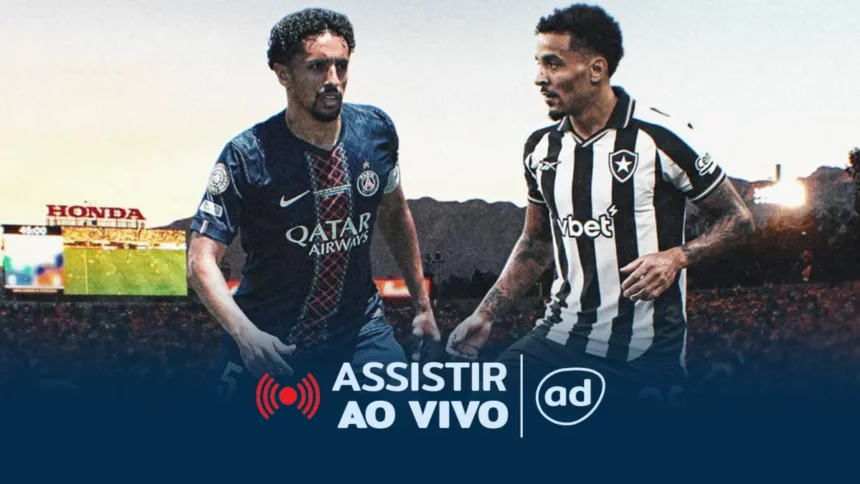 Arte com jogadores do PSG e Botafogo se encarando no campo da Copa do Mundo de Clubes