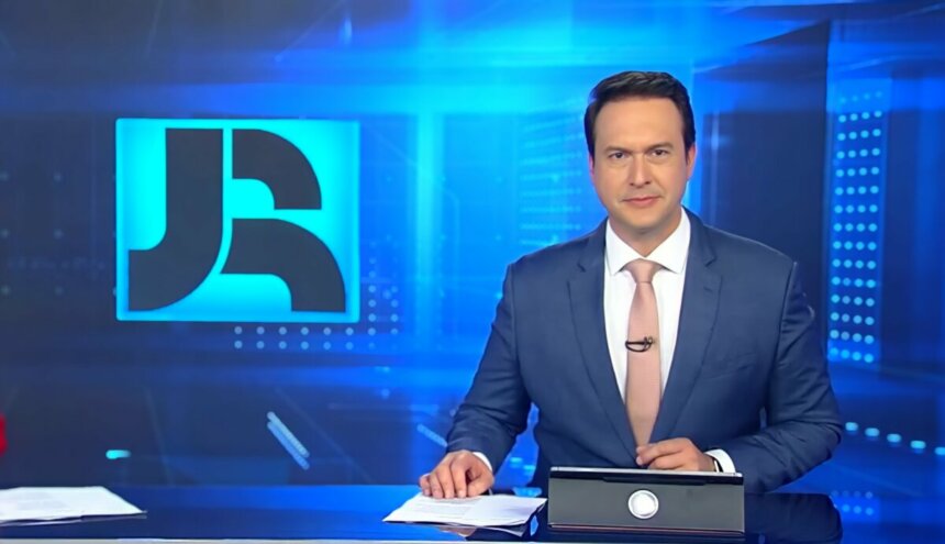 Eduardo Ribeiro sentado na bancada do Jornal da Record vestindo terno e gravata Salmon. Ao fundo o telão do JR com o logo do telejornal