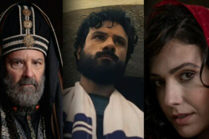 Caifás (Floriano Peixoto), Paulo (Murilo Cezar) e Lídia (Priscila Ubba) com olhar marcante na chamada do elenco de Paulo, O Apóstolo