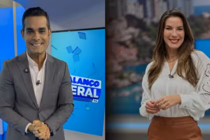 Marcus Pimenta sorrindo no estúdio do Balanço Geral PA e Jessica Smetak também sorrindo, em pé no estúdio do Balanço Geral BA
