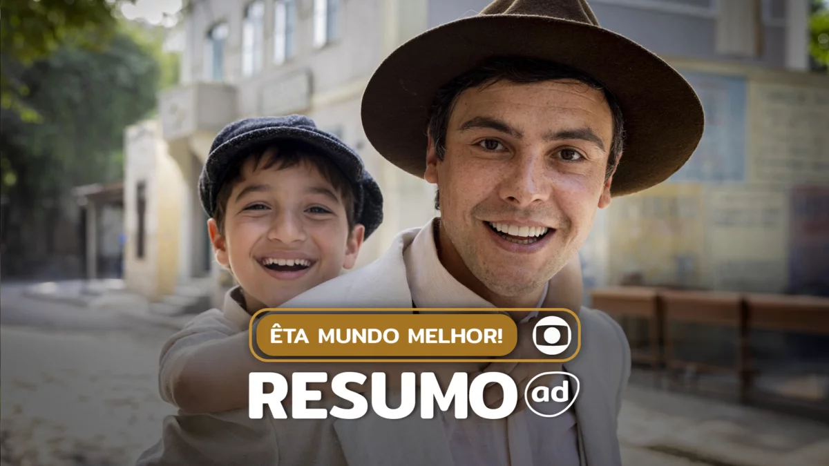 Candinho (Sergio Guizé) e Samir (Davi Malizia) sorridentes na arte do resumo de Êta Mundo Melhor!