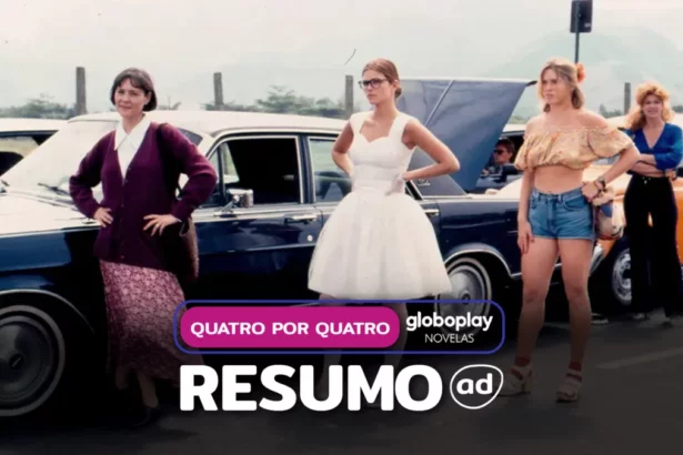 Protagonistas correm ao lado de um carro na arte de divulgação do resumo de Quatro Por Quatro