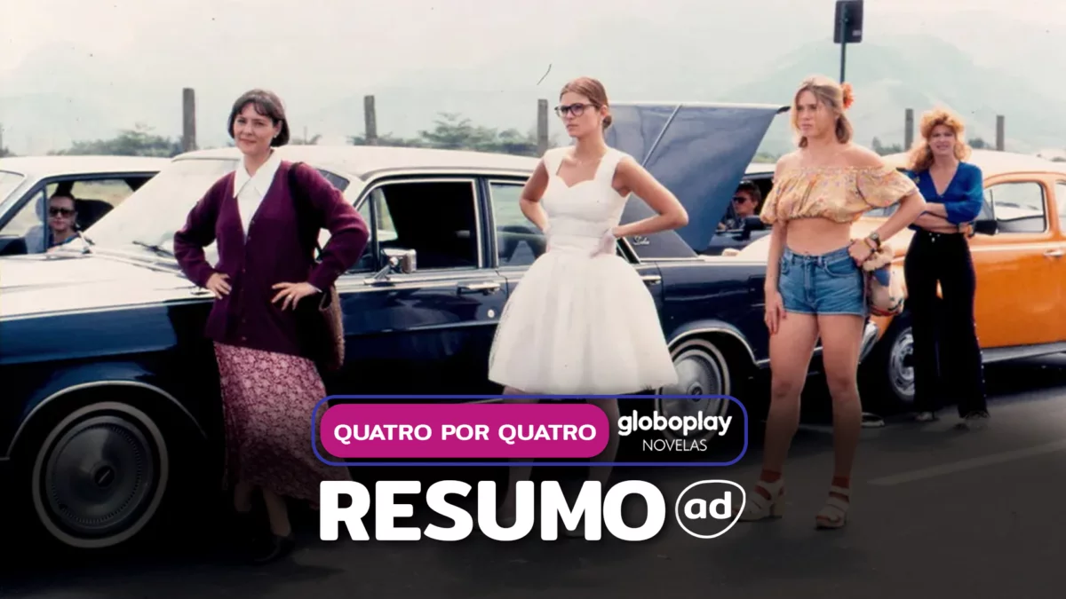 Protagonistas correm ao lado de um carro na arte de divulgação do resumo de Quatro Por Quatro