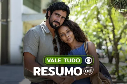 Ivan e Raquel abraçados e sorridentes nas ruas. Casal de protagonista está na arte do resumo de Vale Tudo