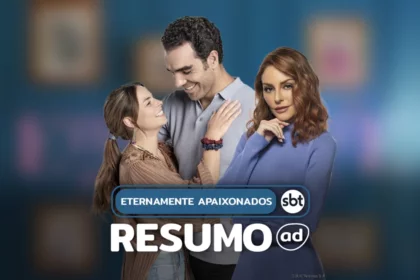 Casal de protagonistas se olham e sorriem. A vilã está ao lado com olhar frio e calculista. Eles estão na arte do resumo de Eternamente Apaixonados