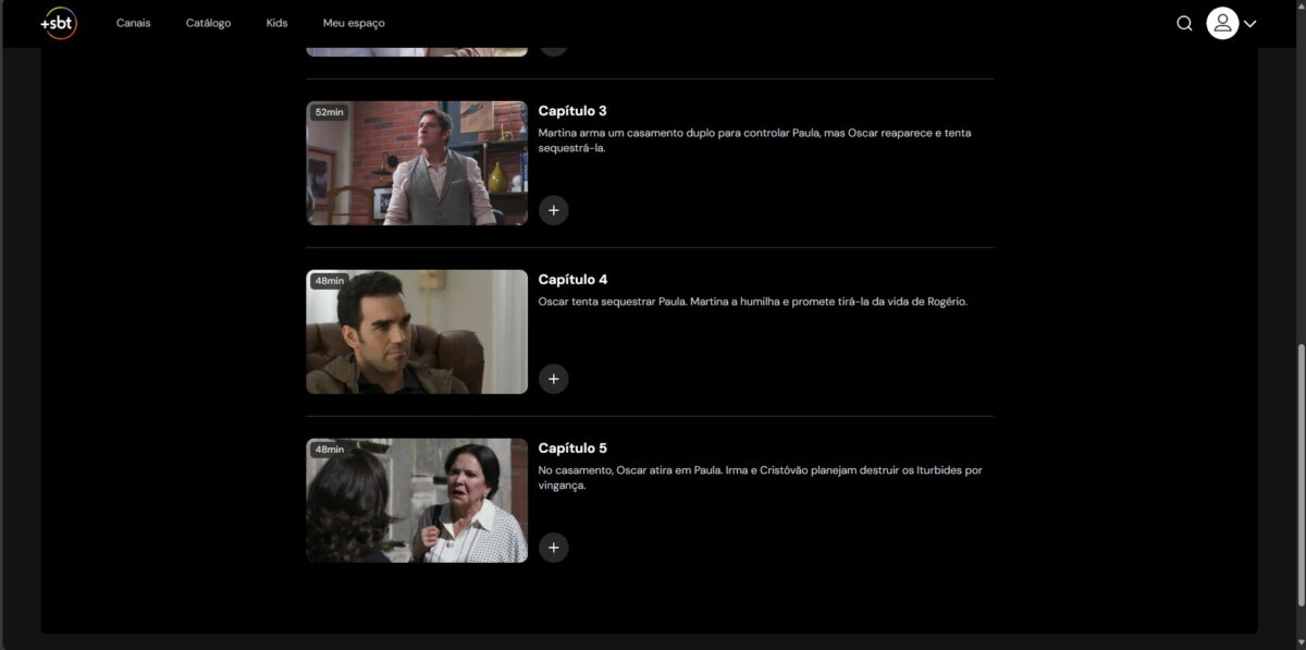 Print do +SBT com os 5 capítulos da novela Eternamente Apaixonados