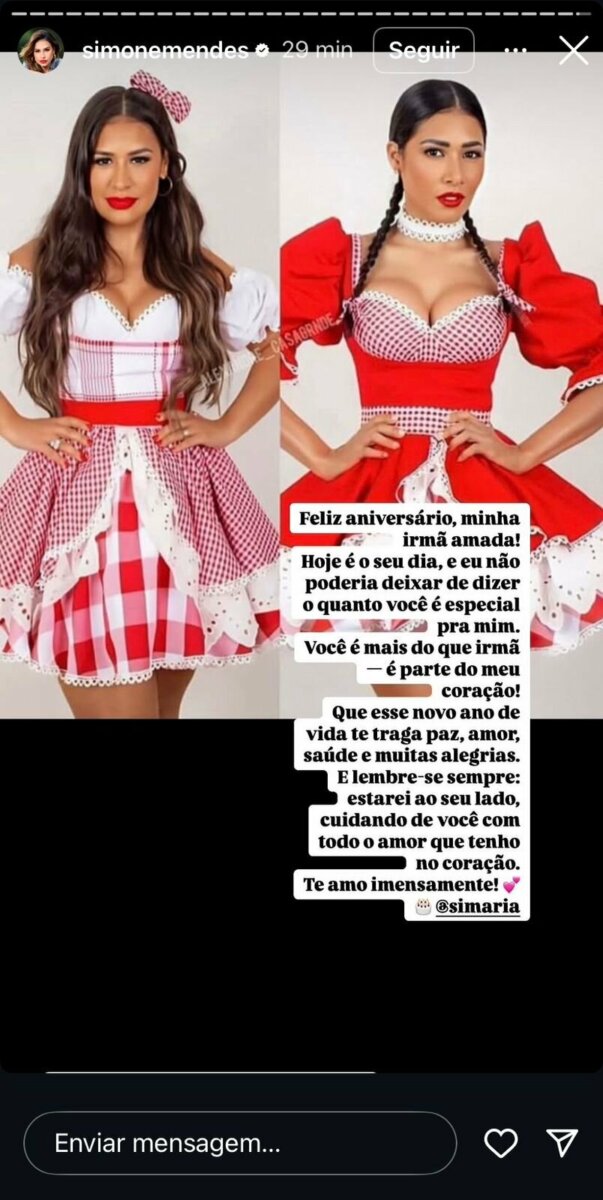 Print da publicação de Simone ao parabenizar Simaria nos stories do Instagram 