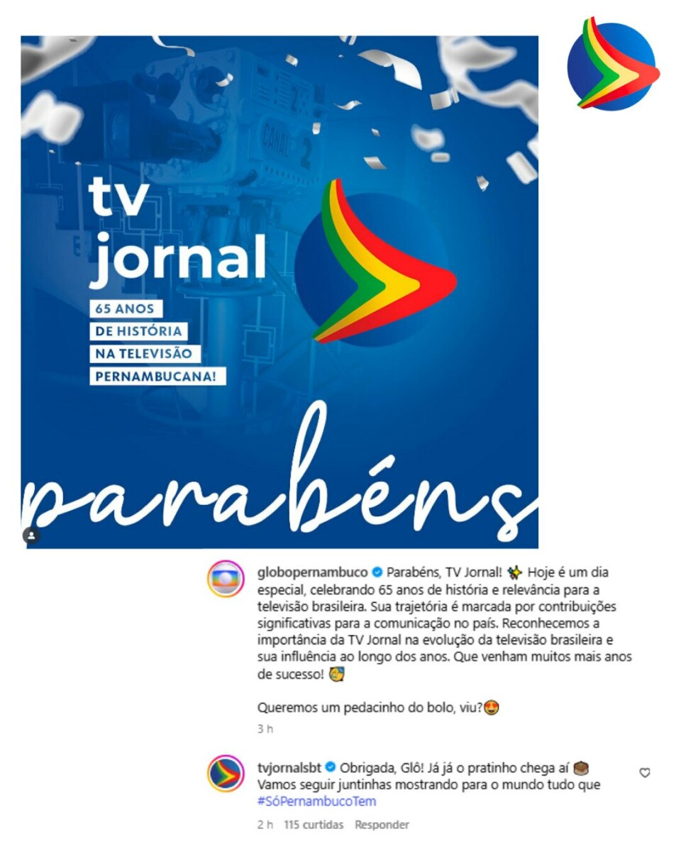Print da publicação da TV Globo Pernambuco em homenagem a TV Jornal