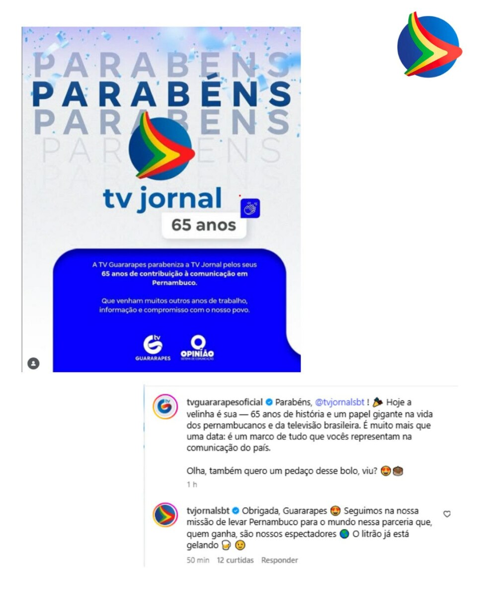 Print da publicação da TV Guararapes/RECORD em homenagem a TV Jornal