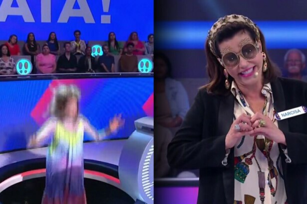 Alexia Dechamps cai no buraco enquanto Narcisa faz coração para amiga no cenário do Acerte ou Caia!