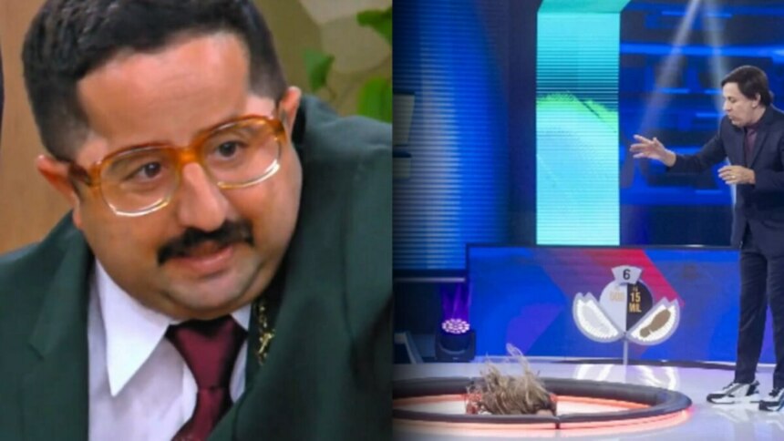 Humorista Bolachinha de óculos de grau e Tom Cavalcante olhando alguém cair no buraco do Acerte ou Caia!
