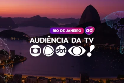 Logo das emissoras TV Globo, RECORD, SBT, Band e RedeTV! na arte dos consolidados de Audiência da TV. Ao fundo a vista aérea do pão de açúcar no Rio de Janeiro