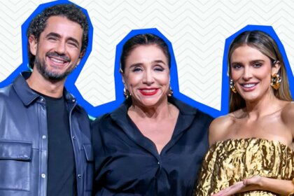 Marisa Orth, Rafa Brites e Felipe Andreoli abraçados e sorridentes em divulgação para o Hoje em Dia