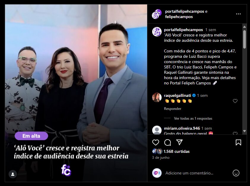 Print da publicação de Felipeh Campos replicando os dados prévios de audiência do Alô Você
