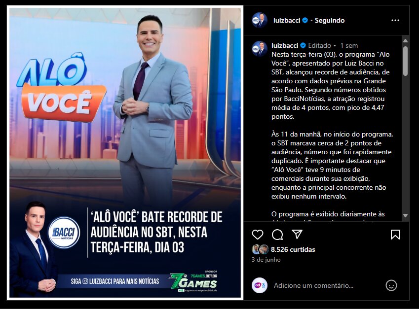 Print da publicação de Luiz Bacci sobre os dados prévios de audiência do Alô Você