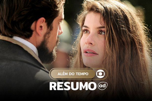 Lívia (Alinne Moraes) e Felipe (Rafael Cardoso) olhando para o horizonte assustados em cena da novela. A imagem está na arte do resumo de Além do Tempo