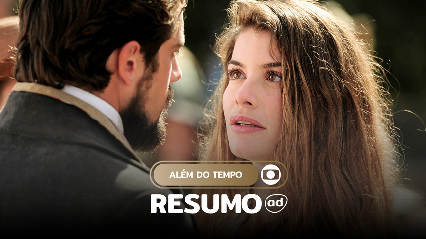Lívia (Alinne Moraes) e Felipe (Rafael Cardoso) olhando para o horizonte assustados em cena da novela. A imagem está na arte do resumo de Além do Tempo