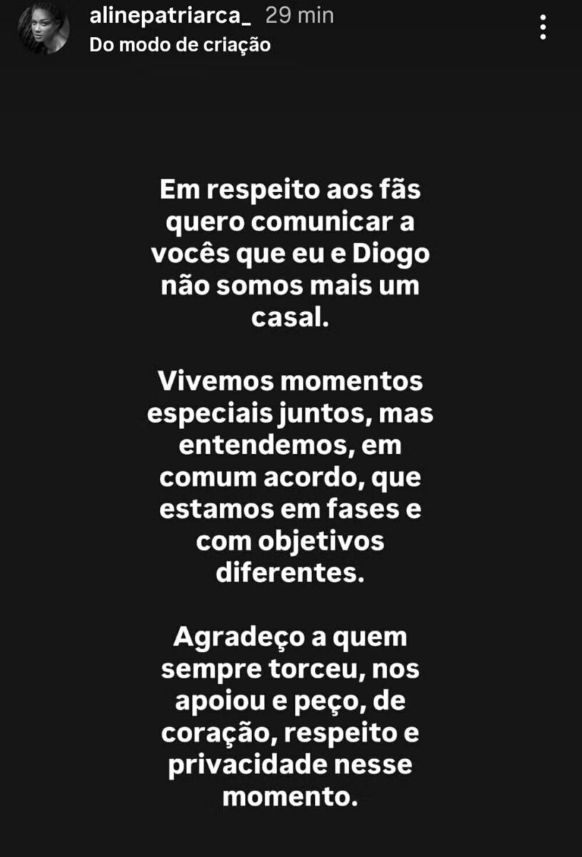 Print dos stories em que Aline anuncia o fim do namoro com Diogo Almeida 