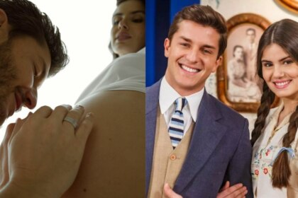 Klebber Toledo acariciando a barriga de Camila Queiroz, em uma montagem com o casal em Êta Mundo Bom!