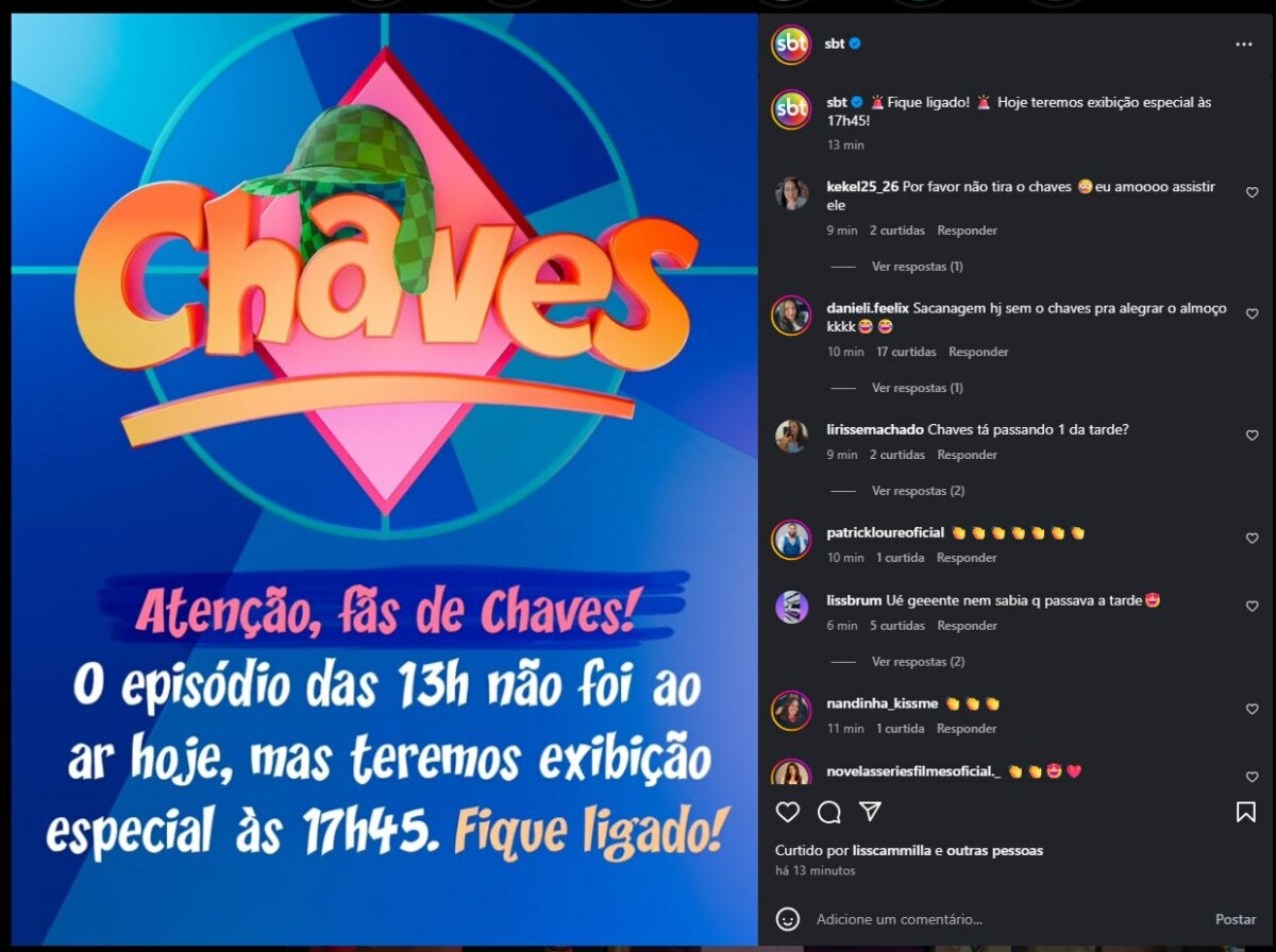 Anúncio de Chaves no Instagram em azul e com o logo do seriado