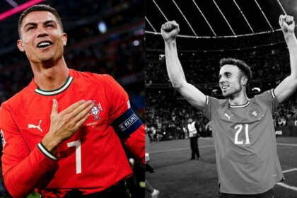 Cristiano Ronaldo e Diogo Jota em uma montagem com a camisa da Seleção de Portugal