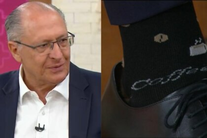 Geraldo Alckmin no Mais Você mostrando meia estilosa com a palavra "coffee"