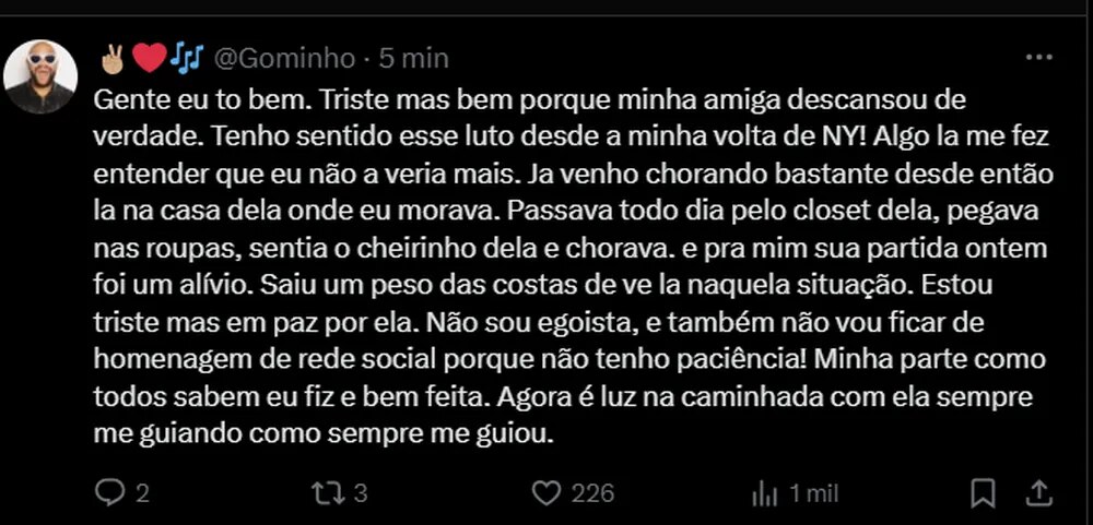 Print da publicação de Gominho no X (antigo Twitter) sobre a morte de Preta Gil 
