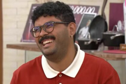 Lucas, sorridente, em trecho do Jogo de Panelas no Mais Você