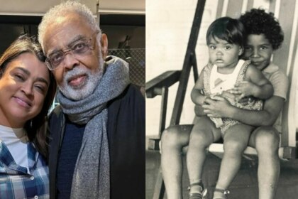 Preta Gil e Gilberto Gil abraçados, em montagem de Preta Gil com Pedro Gil, em foto antiga
