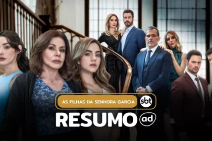 Protagonistas e antagonistas em uma montagem numa escada de uma mansão com semblantes sérios em divulgação do resumo de As Filhas da Senhora Garcia