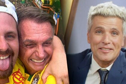 Thiago Gagliasso abraça Jair Bolsonaro e mostra a língua. Os dois estão em uma rua e vestem camisa do Brasil verde a amarelo. Bruno Gagliasso está de terno e gravata e um cenário claro
