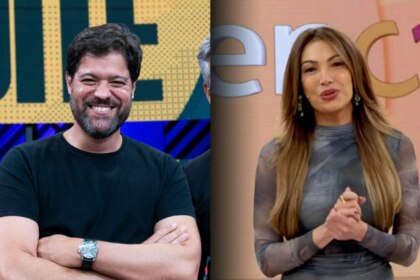 Ariel sorridente no palco do Melhor da Noite, divide tela com Patricia Poeta, que está em pé, no centro do cenário do Encontro