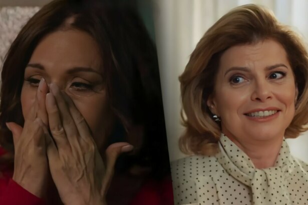 Senhora Garcia chorando dividindo tela com Odete Roitman de Vale Tudo, que está sorrindo