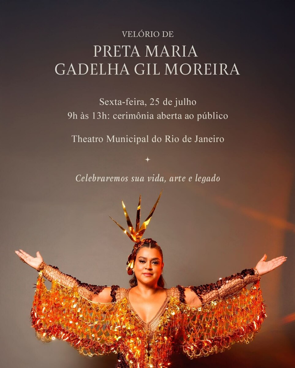 Comunicado do velório de Preta Gil. A Cantora aprece vestida com uma roupa dourada e brilhante e de braços abertos