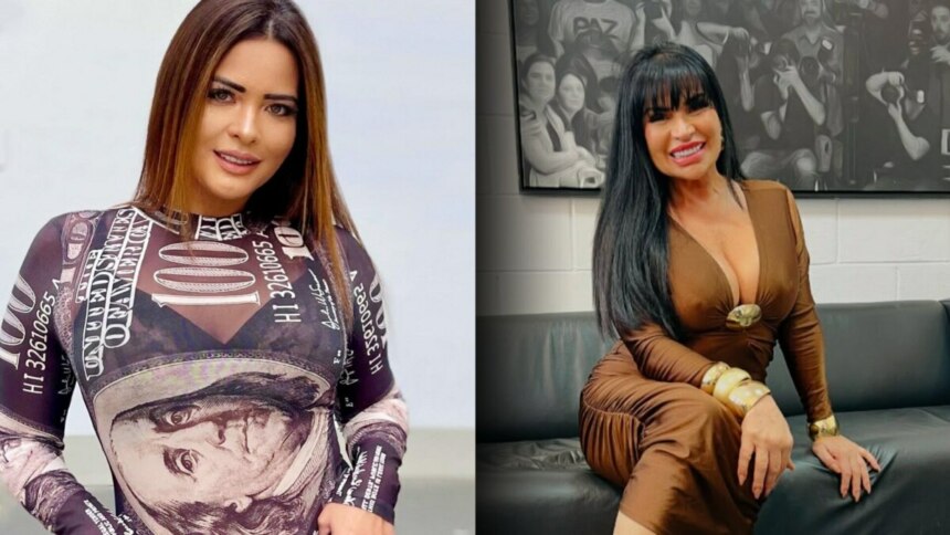 Geiry Arruda de blusa estampada e em pé, Solange Gome de vestido marrom. Ela está sentada em um sofá no camarim. As duas participam do Domingo Legal