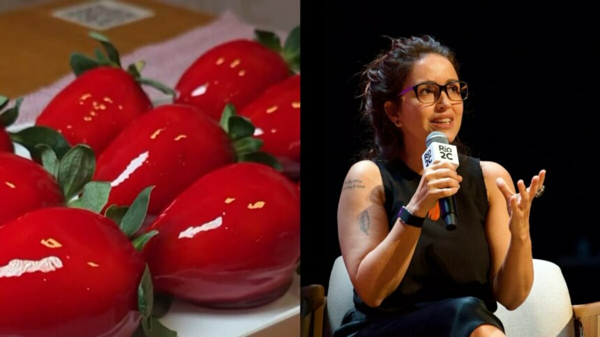 Morango do Amor prontos em um prato. Autora Manuela Dias, de Vale Tudo, segura o microfone do Rio2C