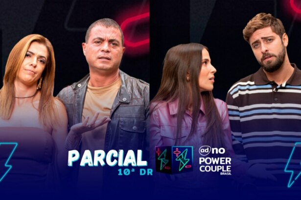Adriana e Dhomini, Nat e Eike com semblantes tristes na arte da parcial da enquete do Power Couple Brasil 7