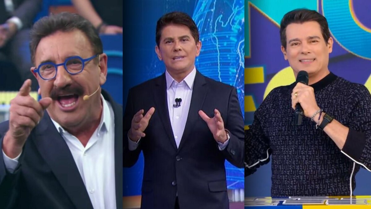 Ratinho, Cesar Filho e Celso Portiolli apresentando seus respectivos programas no SBT. Os t^res vestem preto