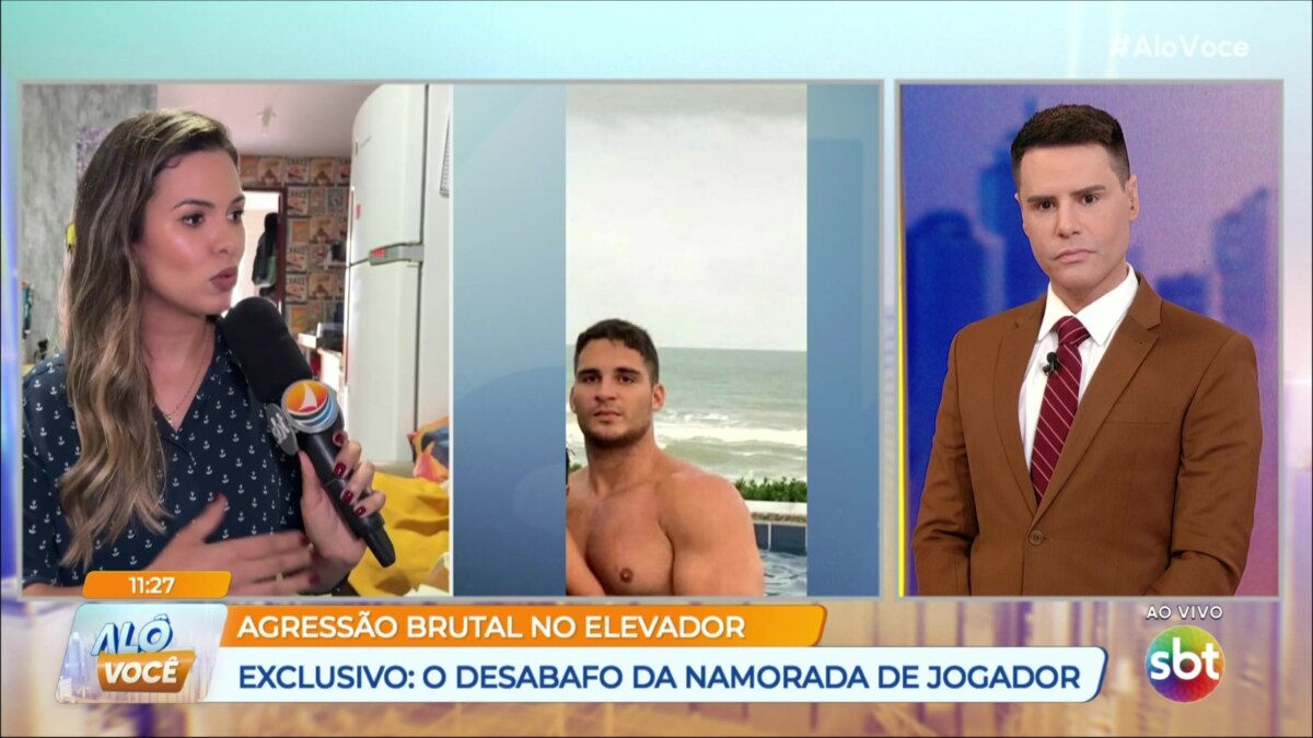 Repórter do Alô Você entrevista mulher espancada, Luiz Bacci divide tela 