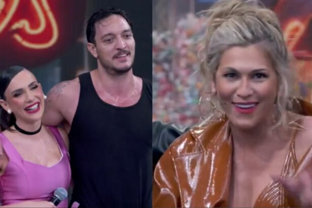 Montagem de fotos do ator Allan Souza Lima com uma bailarina, e da apresentadora Lívia Andrade. As duas fotos são de um estúdio do programa Domingão.