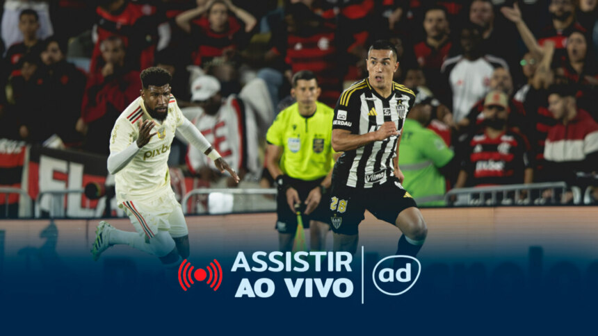 Arte de divulgação do jogo entre Atlético-MG e Flamengo pela Copa do Brasil. A imagem mostra dois jogadores em campo, um de cada time. O jogador do Atlético-MG veste a camisa listrada preta e branca e o do Flamengo, uma camisa branca e amarela. Na parte inferior, há um banner com a frase "ASSISTIR AO VIVO" e um símbolo de transmissão.