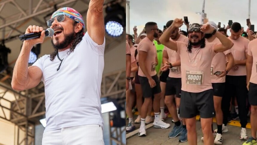 Montagem em tela dividida, mostrando o cantor Bell Marques. Na esquerda, ele está em um show, cantando em um microfone. Na direita, ele está participando de uma corrida, usando um número de peito com o número 50001. Ambas as imagens o mostram com cabelo comprido, barba e óculos escuros.