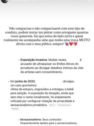 Print de publicação de Bella Campos nas redes sociais rebatendo acusações de estrelismo 