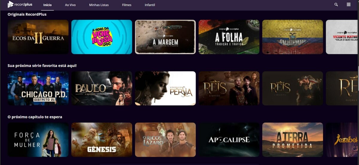 Captura de tela da interface do serviço de streaming RecordPlus, exibindo a página inicial com títulos de programas e séries como "Chicago P.D." e "Gênesis".