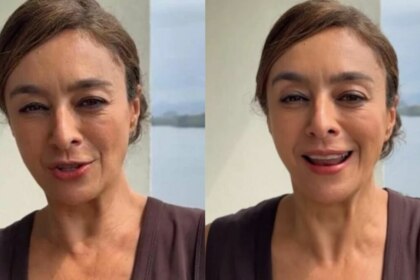 A apresentadora Cátia Fonseca em uma montagem de seu Instagram Stories, com cabelo preso e sorriso, negando lesão para o público na Dança dos Famosos
